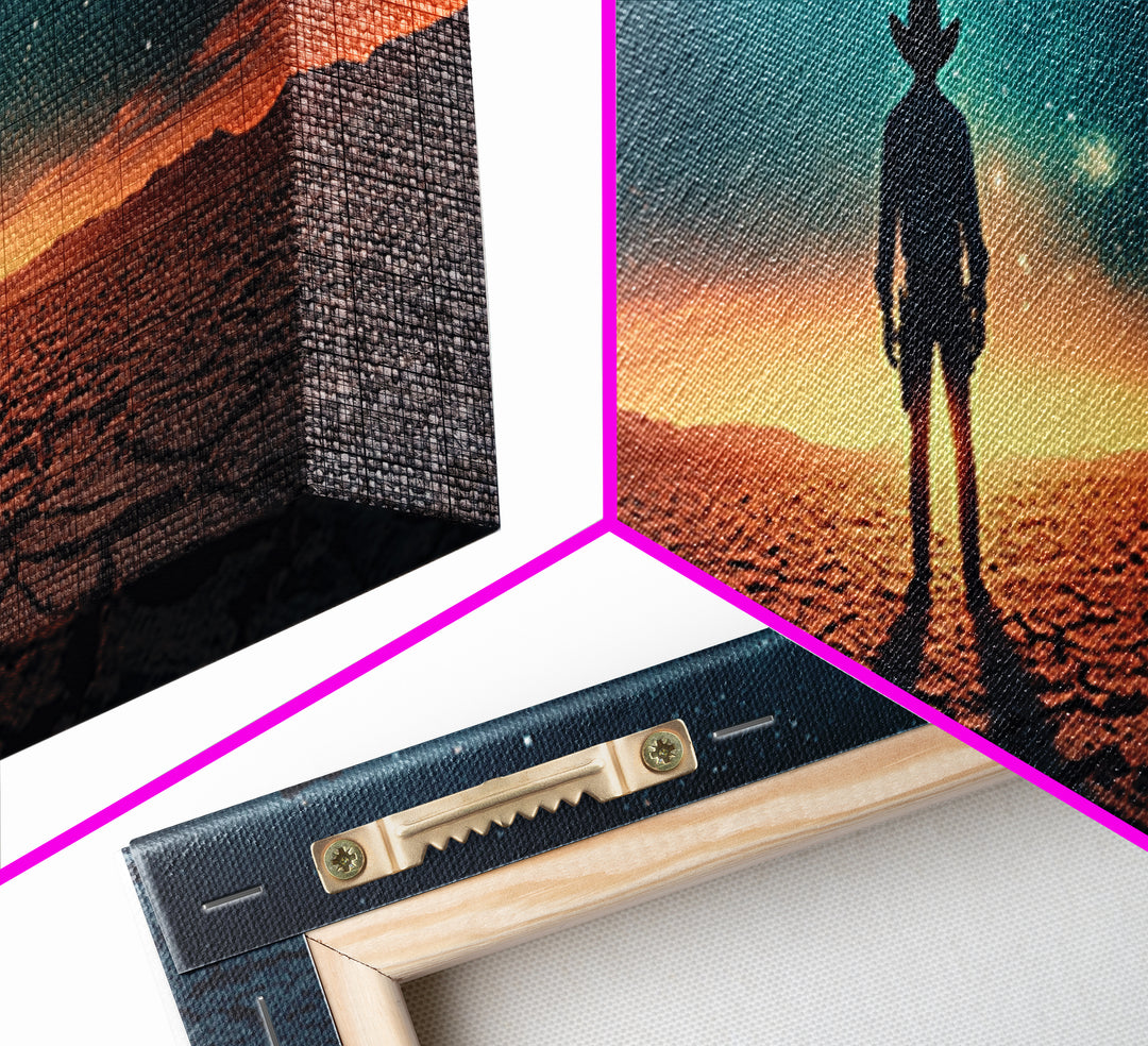 Ufo Desert Wanderer Cowboy Wall Art, Sci Fi Western Canvas Print, Alien Landscape Decor, Panoramic Man Cave Office Art, Home Decor