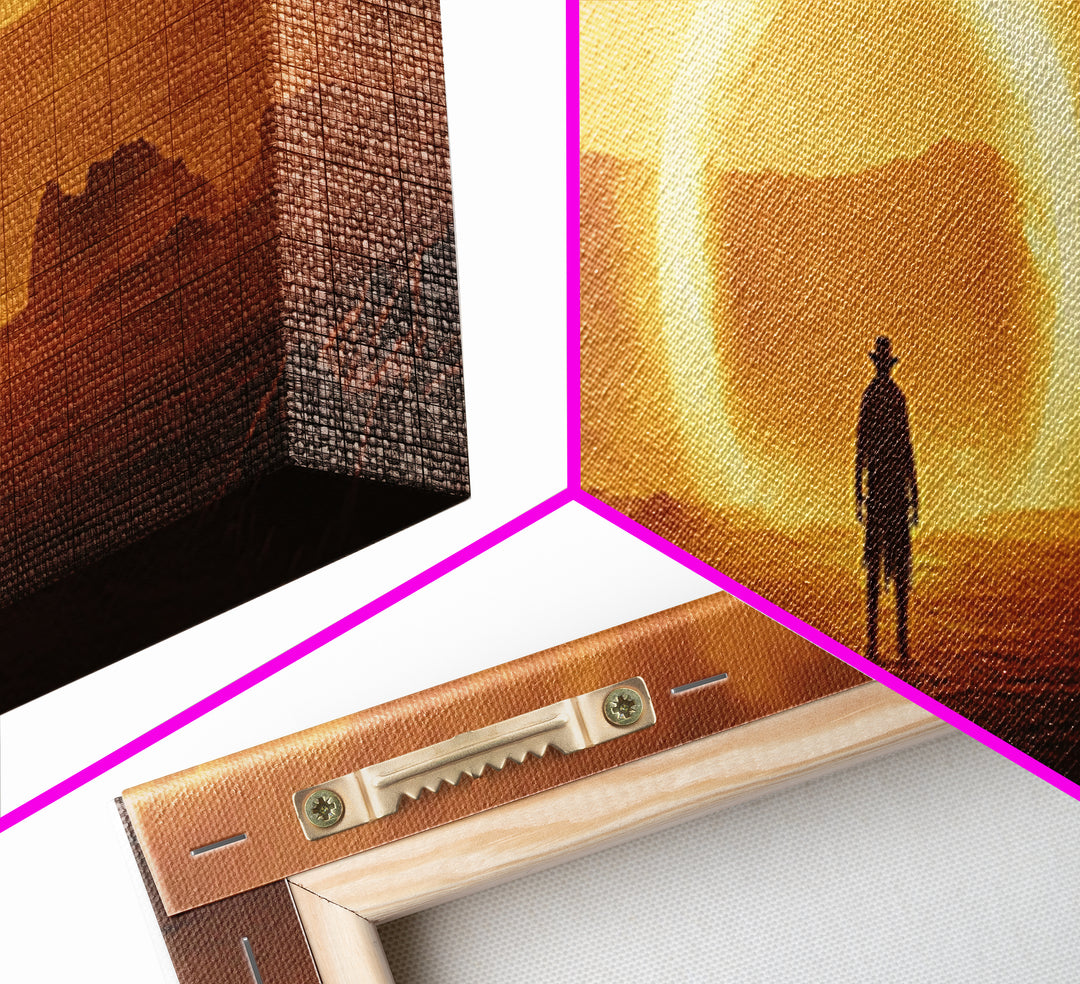 Golden Eclipse Cowboy Desert Wall Art, Western Sci Fi Canvas Print, Surreal Landscape Decor, Panoramic Living Room Art, Home Decor