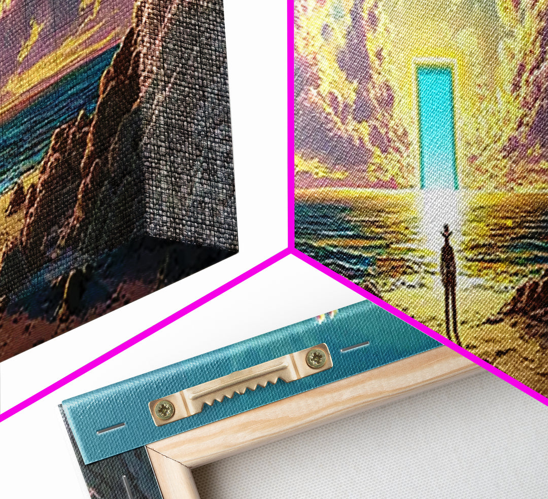Glowing Doorway On Rocky Beach Wall Art, Surreal Ocean Sunset Canvas, Coastal Fantasy Decor, Mystical Living Room Art Print