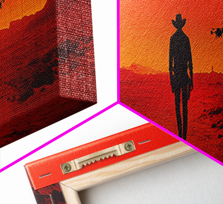 Cowboy Silhouette In Red Desert Sunset Wall Art, Western Sci Fi Landscape Canvas, Bold Southwestern Decor For Man Cave Wall Decor