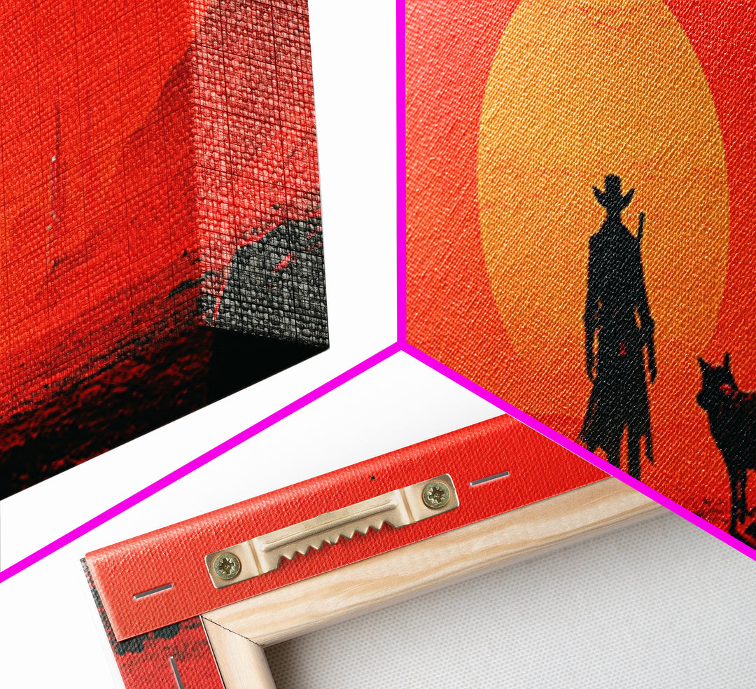 Red Sci Fi Cowboy And Dog Sunset Wall Art, Western Desert Landscape, Futuristic Dystopian Decor, Large Man Cave Gift Print