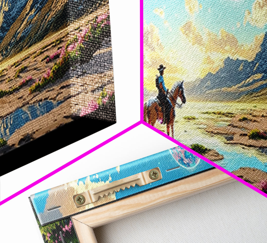 Lone Horse Rider Under Moon Canvas Print, Mountain Landscape Art, Western Wall Decor, Large Living Room Home Decor Gift Print