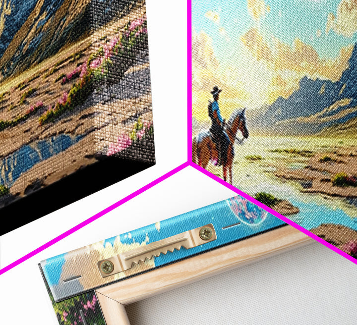 Lone Horse Rider Under Moon Canvas Print, Mountain Landscape Art, Western Wall Decor, Large Living Room Home Decor Gift Print