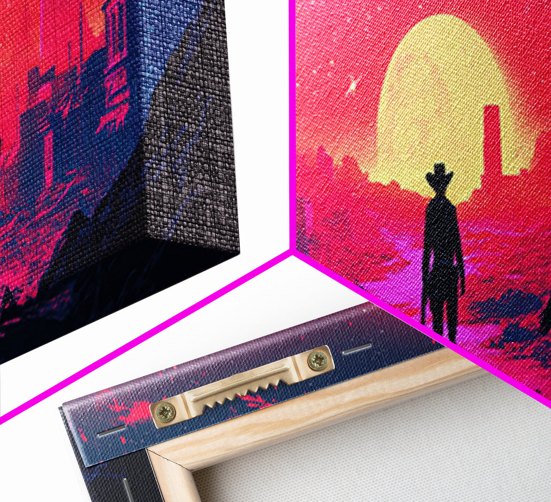 Neon Cowboy And Horse Dystopian City Wall Art, Cyberpunk Sunset Landscape, Sci Fi Poster, Large Gaming Room Decor Gift Print
