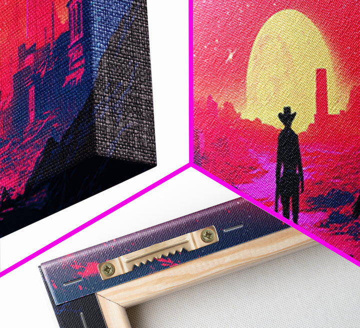 Neon Cowboy And Horse Dystopian City Wall Art, Cyberpunk Sunset Landscape, Sci Fi Poster, Large Gaming Room Decor Gift Print