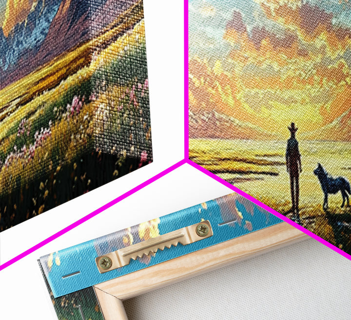 Lone Cowboy And Dog Wildflower Prairie Canvas Print, Mountain Landscape Wall Art, Western Home Decor, Housewarming Gift Print