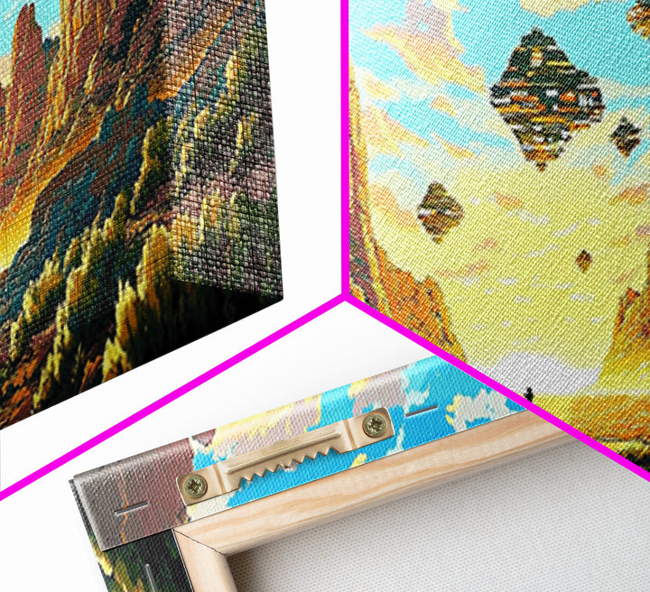 Alien Canyon Explorer With UFOs Canvas Print, Panoramic Sci Fi Desert Landscape Wall Art For Gaming Room Decor And Office Decor