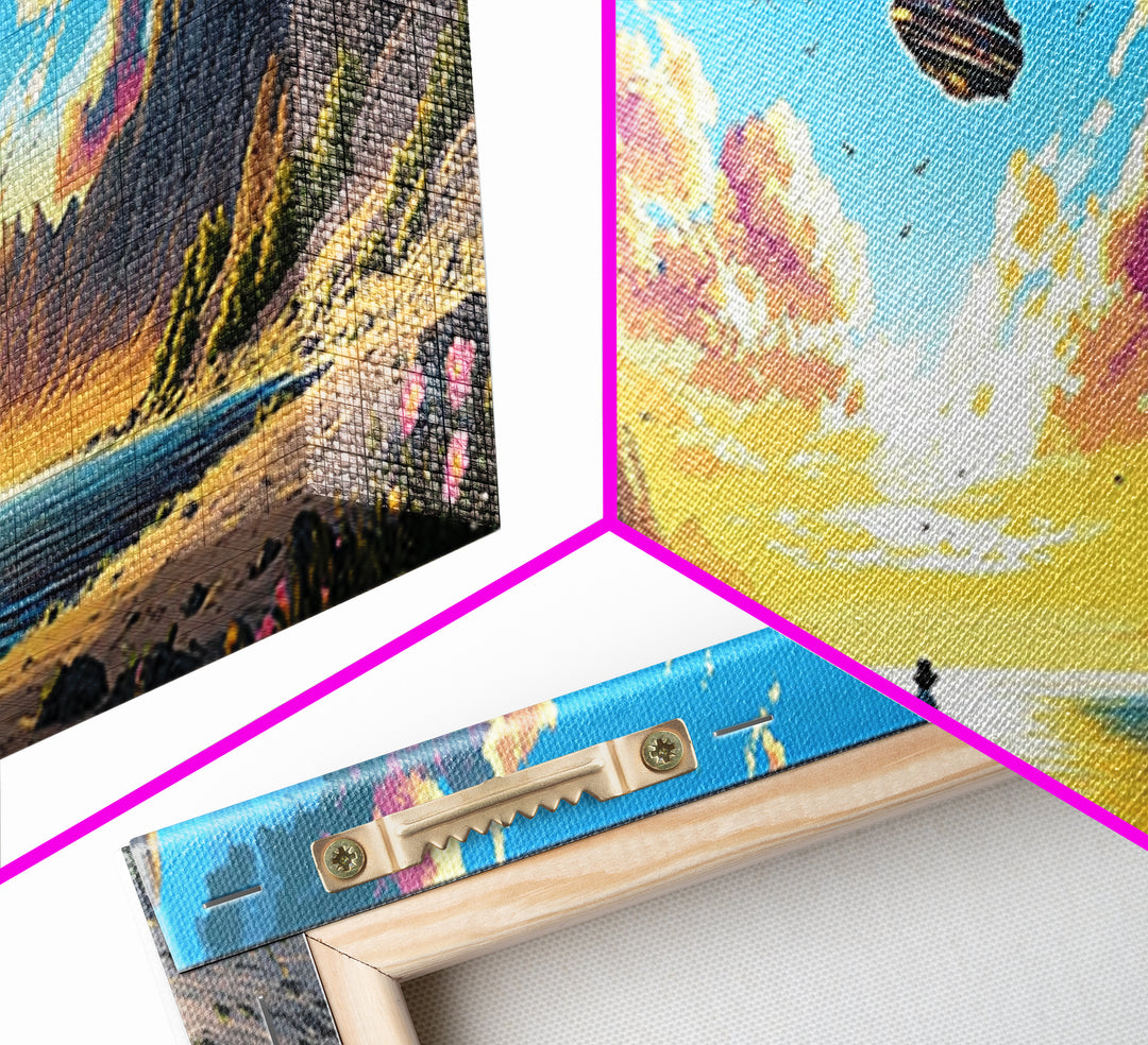 Pastel Alien Coast With UFOs Framed Canvas Print, Panoramic Sci Fi Ocean Landscape Wall Art For Beach House Decor And Living Room Decor