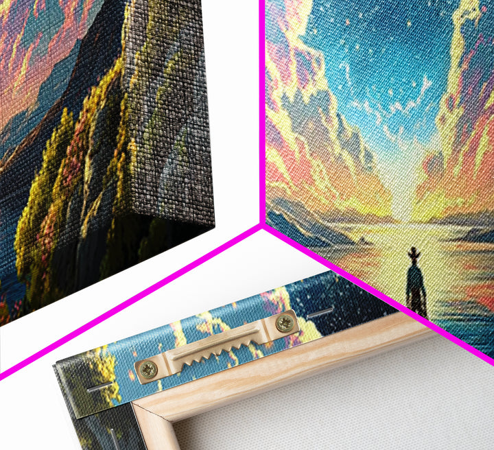 Starlit Lake Explorer Under Pink Clouds Canvas Print, Panoramic Celestial Landscape Wall Art For Dreamy Bedroom Decor And Office Decor