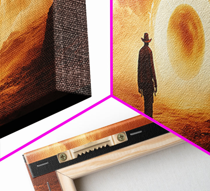 Surreal Desert Eclipse Cowboy Framed Canvas Print, Cinematic Western Landscape Wall Art For Man Cave Decor And Office Decor