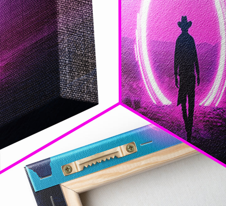 Neon Portal Cowboy In Purple Desert Framed Canvas Print, Synthwave Western Wall Art For Gaming Room Decor And Man Cave Decor