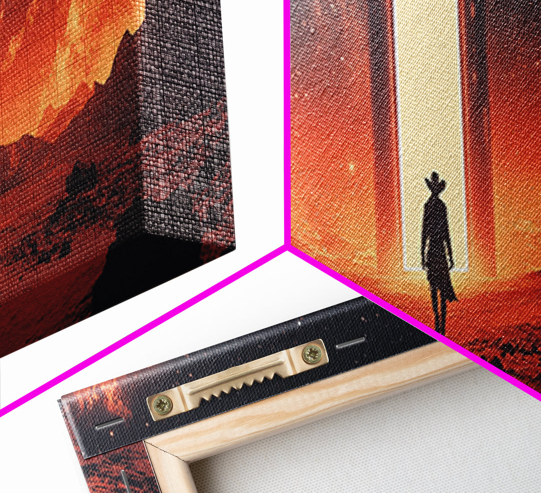 Glowing Portal In Red Desert, Lone Traveler Under Starry Sky, Sci Fi Western Canvas Print, Space Wall Art, Futuristic Decor