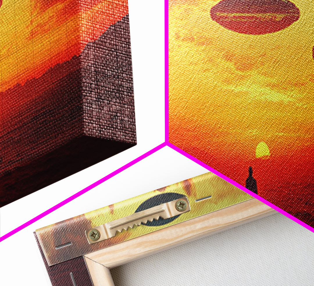 UFO Fleet Over Red Desert Sunset, Lone Traveler In Dystopian Landscape, Sci Fi Wall Art, Futuristic Canvas Print, Space Decor
