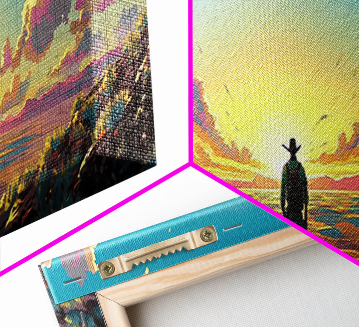Cowboy Facing Drone Ships At Golden Sunrise, Pink Cloud Meadow Landscape Wall Art, Western Canvas Print, Futuristic Decor