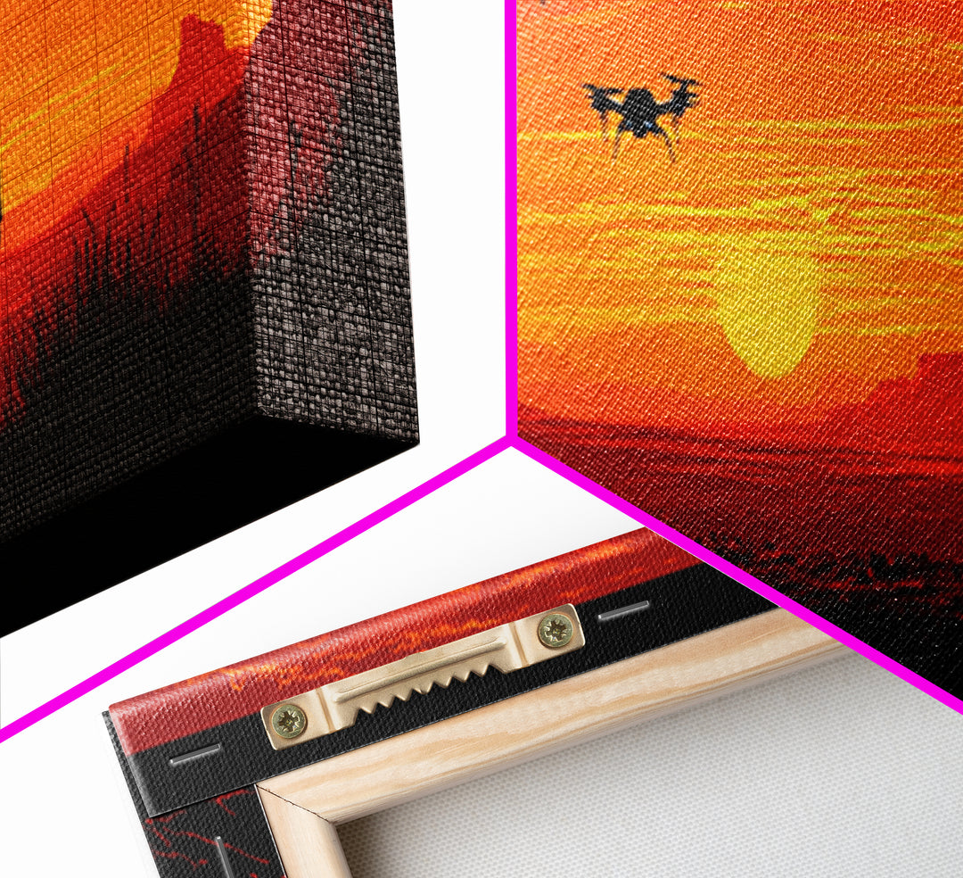 Silhouetted Cowboy With Drones At Orange Desert Sunset, Western Wall Art, Sci Fi Canvas Print, Man Cave Decor, Southwest Art