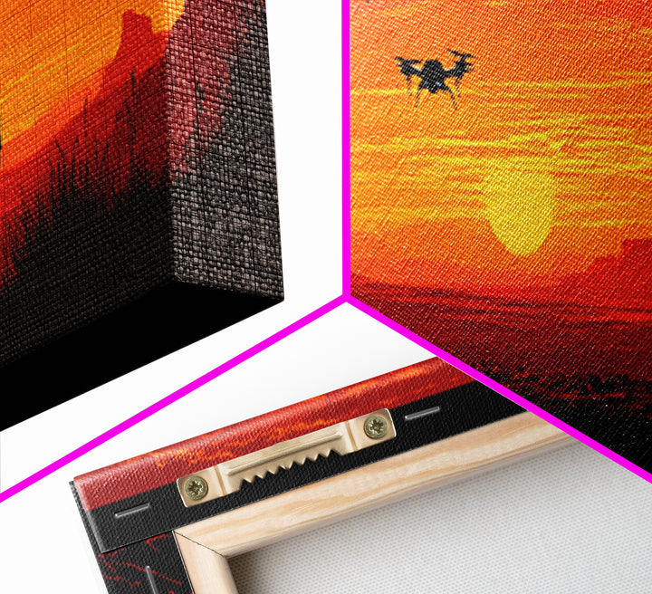 Silhouetted Cowboy With Drones At Orange Desert Sunset, Western Wall Art, Sci Fi Canvas Print, Man Cave Decor, Southwest Art