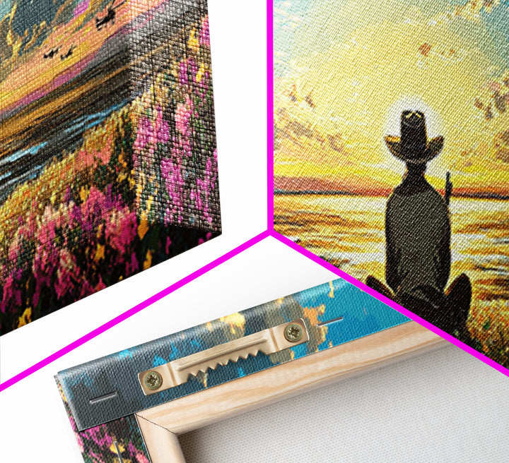 Seated Traveler In Flowered Meadow, Golden Sky Over Wide Valley, Peaceful Wall Art, Landscape Canvas Print, Cozy Home Decor