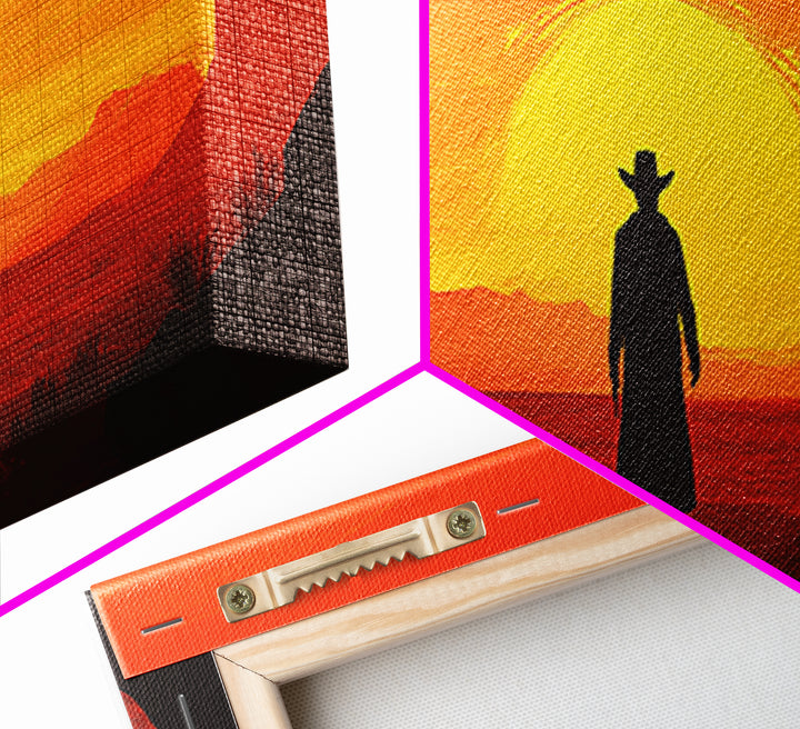 Lone Cowboy And Hovering Drones At Blazing Sun, Red Desert Western Wall Art, Sci Fi Canvas Print, Futuristic Home Decor, Desert Art