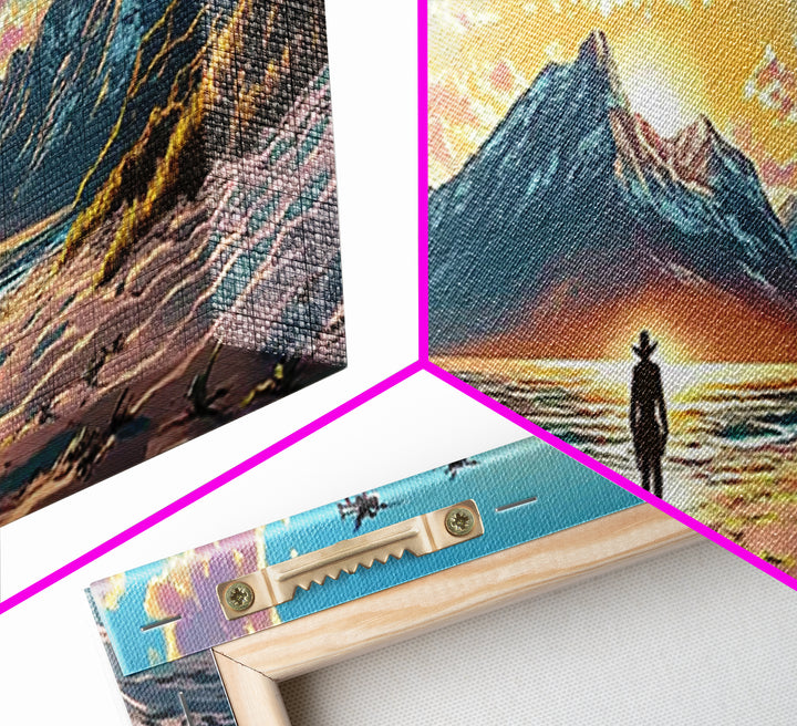 Snowy Alpine Sunset Explorer Wall Art, Panoramic Canvas Print, Mountain Landscape, Sci Fi Decor, Large Living Room Decor