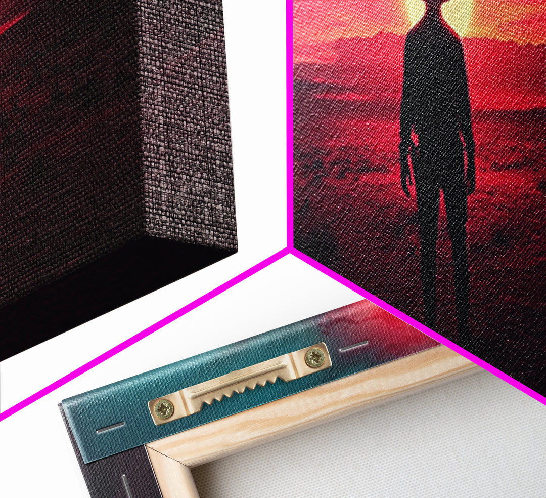 Crimson Desert Cowboy Silhouette Wall Art, Framed Canvas Print, Western Decor, Moody Landscape, Large Man Cave Wall Decor
