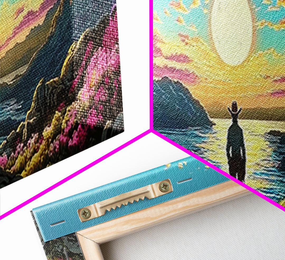 Full Moon Coastal Cowboy Wall Art, Panoramic Canvas Print, Ocean Landscape Art, Western Decor, Large Bedroom Wall Decor