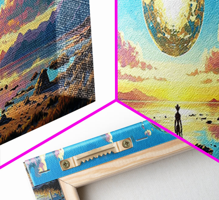 Golden Celestial Orb Wall Art, Panoramic Canvas Print, Modern Sci Fi Landscape, Surreal Art, Large Living Room Wall Decor