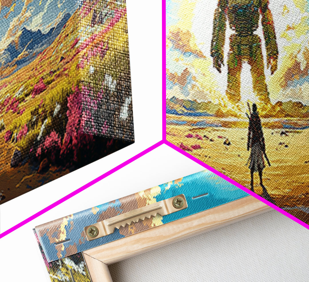 Colossal Mech And Wanderer Wall Art, Panoramic Canvas Print, Futuristic Landscape, Sci Fi Decor, Large Gaming Room Decor