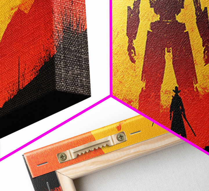 Samurai Facing Giant Mech At Orange Sunset Wall Art, Retro Sci Fi Fantasy Poster, Gaming Room Decor, Futuristic Canvas Print