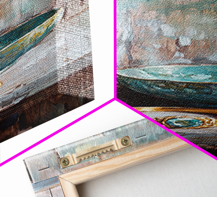 Turquoise Bowl With Gold Ring Oil Painting Canvas Print, Wabi Sabi Wall Art, Rustic Boho Home Decor, Unique Gift For Her