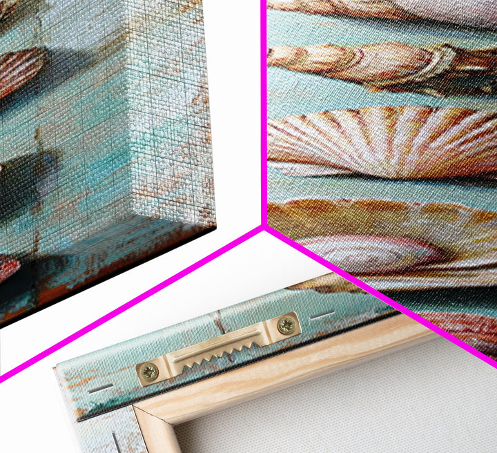 Six Seashells On Turquoise Wood Framed Canvas Print, Coastal Wall Art, Beach House Decor, Nautical Bathroom Wall Decor, Ocean Print