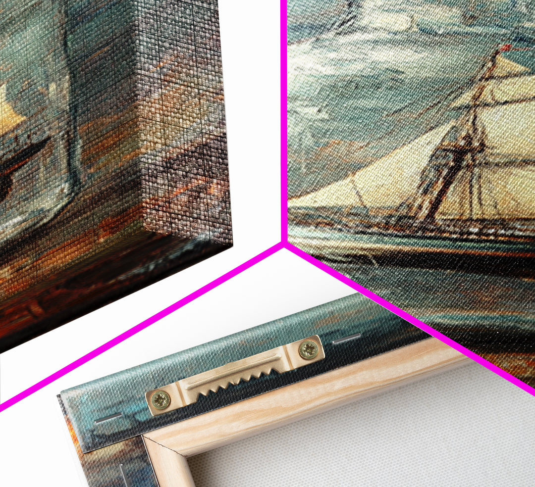 Ship In A Glass Bottle Framed Canvas Print, Nautical Wall Art, Coastal Home Decor, Lake House Decor, Ocean Wall Decor, Sailboat Art