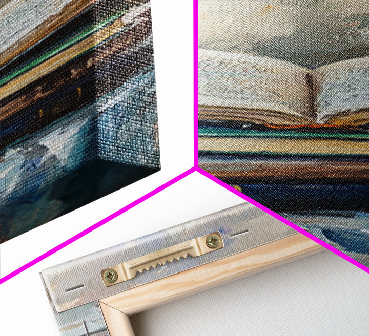 Open Book Stack Library Wall Art, Cozy Dark Academia Canvas Print For Reading Nook Decor, Book Lover Gift, Office Decor, Home Decor
