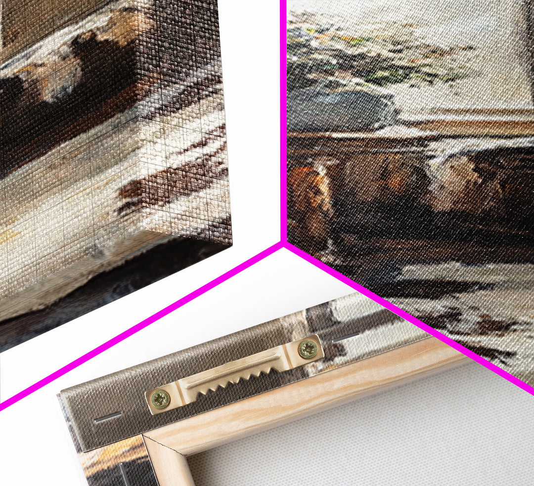 Rustic Window Chair And Cowhide Rug Wall Art, Farmhouse Canvas Print, Cozy Country Home Decor, Neutral Living Room Art Print