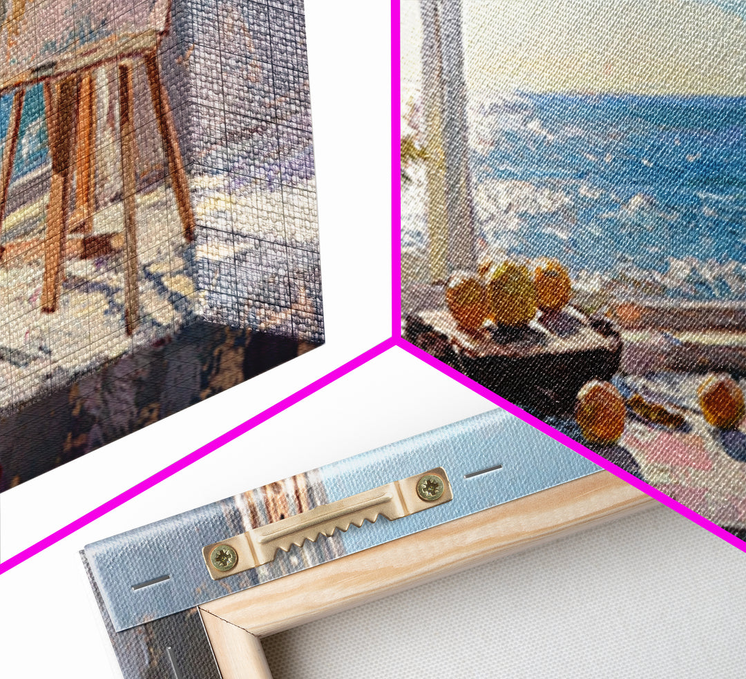 Sunlit Ocean View Art Studio Wall Art, Coastal Canvas Print, Easel And Lemons Still Life, Creative Office Decor, Beach House Decor