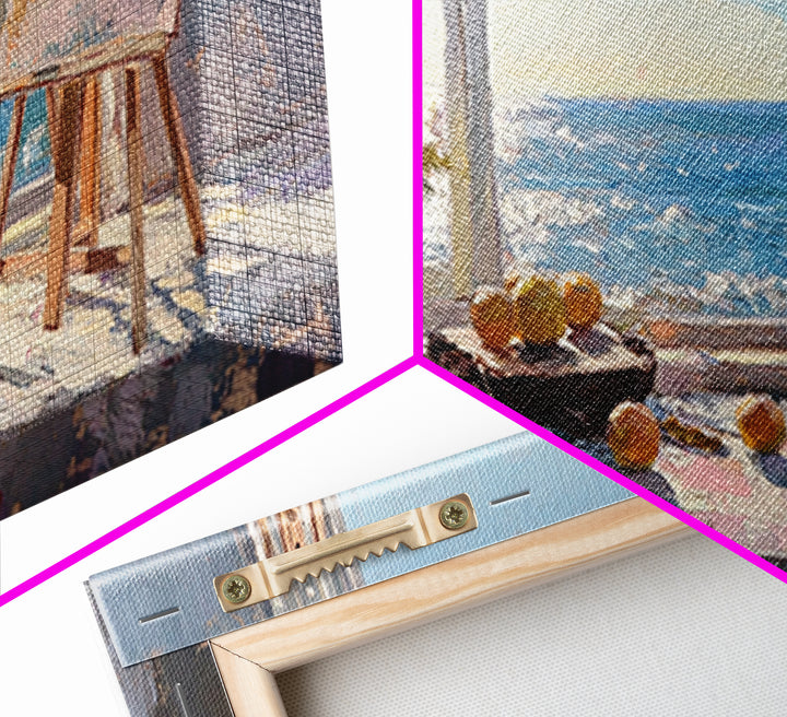 Sunlit Ocean View Art Studio Wall Art, Coastal Canvas Print, Easel And Lemons Still Life, Creative Office Decor, Beach House Decor