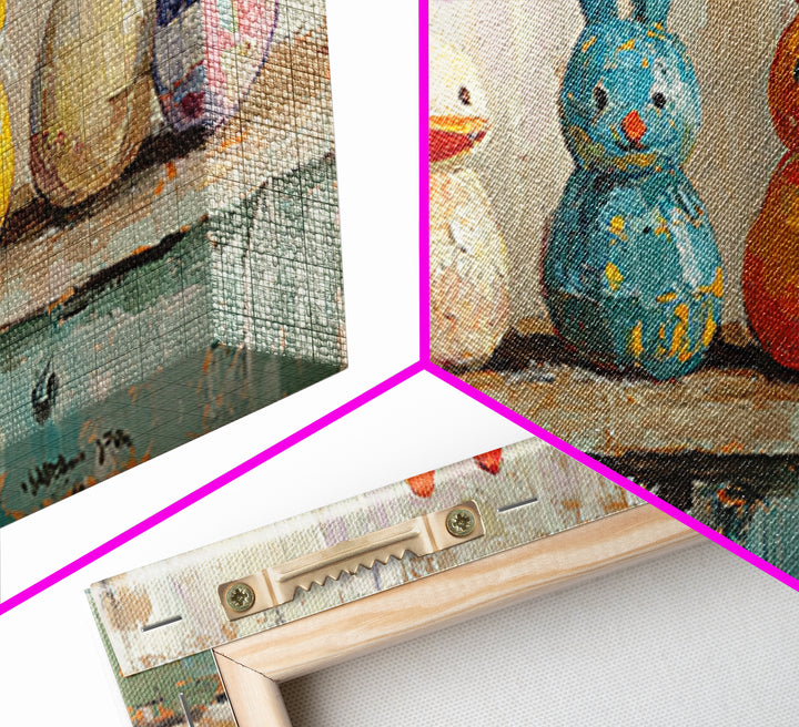 Whimsical Bunny And Duck Toys Framed Canvas Print, Nursery Wall Art, Kids Room Decor, Easter Gift, Playroom Wall Decor, Baby Shower Gift