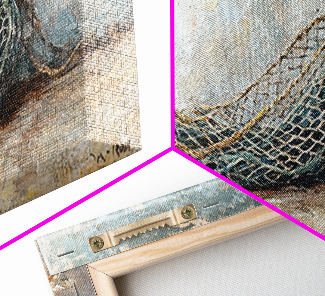Weathered Fishing Net Framed Canvas Print, Nautical Wall Art, Coastal Home Decor, Rustic Seascape, Beach House Gift For Him