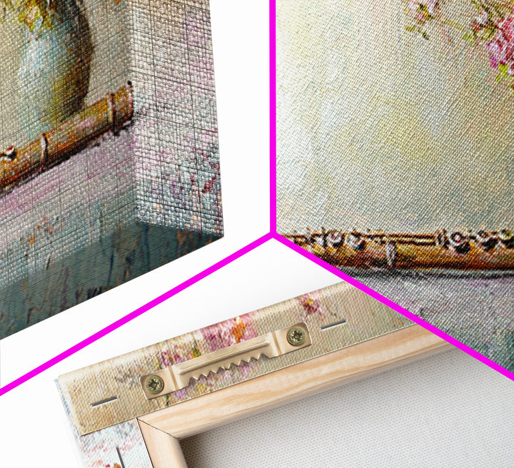 Rustic Flute Still Life With Pink Flowers, Framed Canvas Print, Music Room Wall Art, Farmhouse Decor, Gift For Music Lover