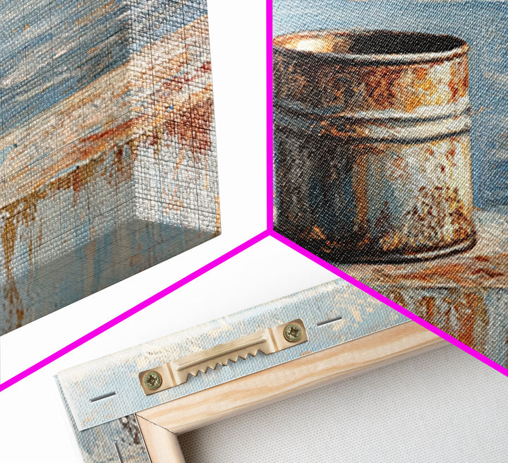 Rusty Tin Can By Blue Sea Wall Art, Coastal Industrial Still Life Canvas Print, Rustic Beach House Decor For Living Room