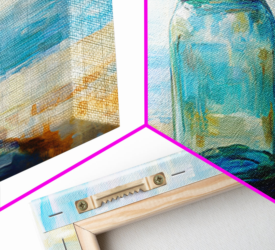 Blue Glass Mason Jar Wall Art, Coastal Still Life Canvas Print, Minimalist Beach House Decor For Kitchen Or Bathroom Art