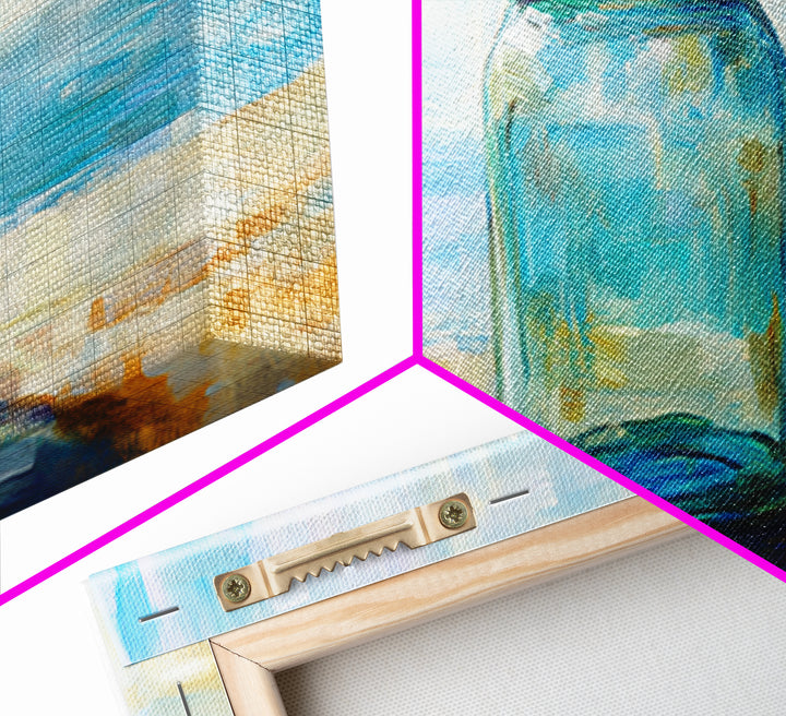 Blue Glass Mason Jar Wall Art, Coastal Still Life Canvas Print, Minimalist Beach House Decor For Kitchen Or Bathroom Art