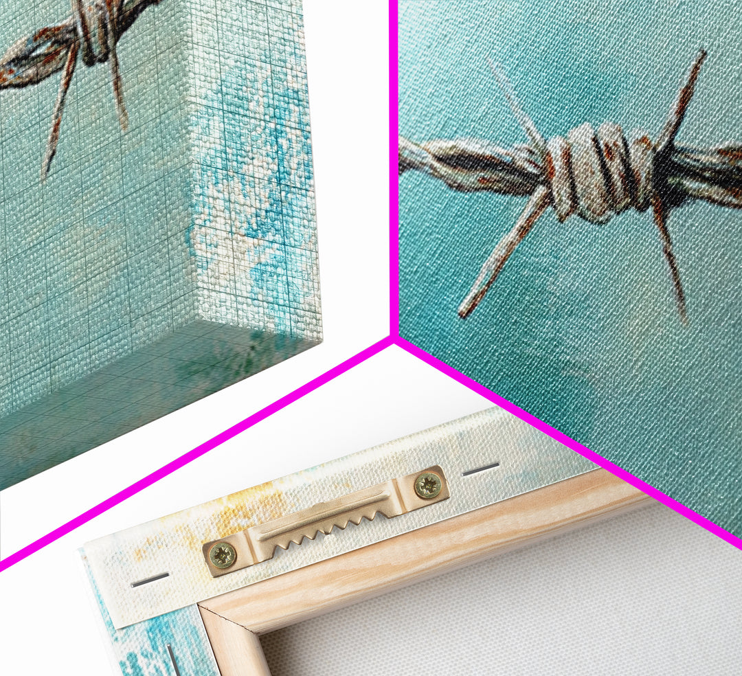 Rusty Barbed Wire Against Turquoise Sky Wall Art, Western Industrial Canvas Print, Modern Rustic Farmhouse Decor For Entryway
