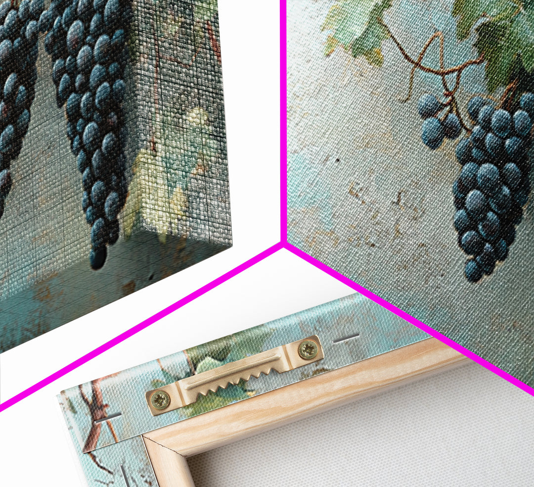 Blue Grapes On Vine Wall Art, Rustic Kitchen Decor, Vineyard Painting, Wine Country Print, Farmhouse Dining Room Canvas Art