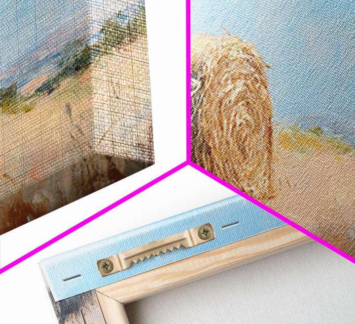 Golden Hay Bale Landscape Wall Art, Rustic Farmhouse Decor, Country Field Painting, Nature Print For Living Room Wall Decor