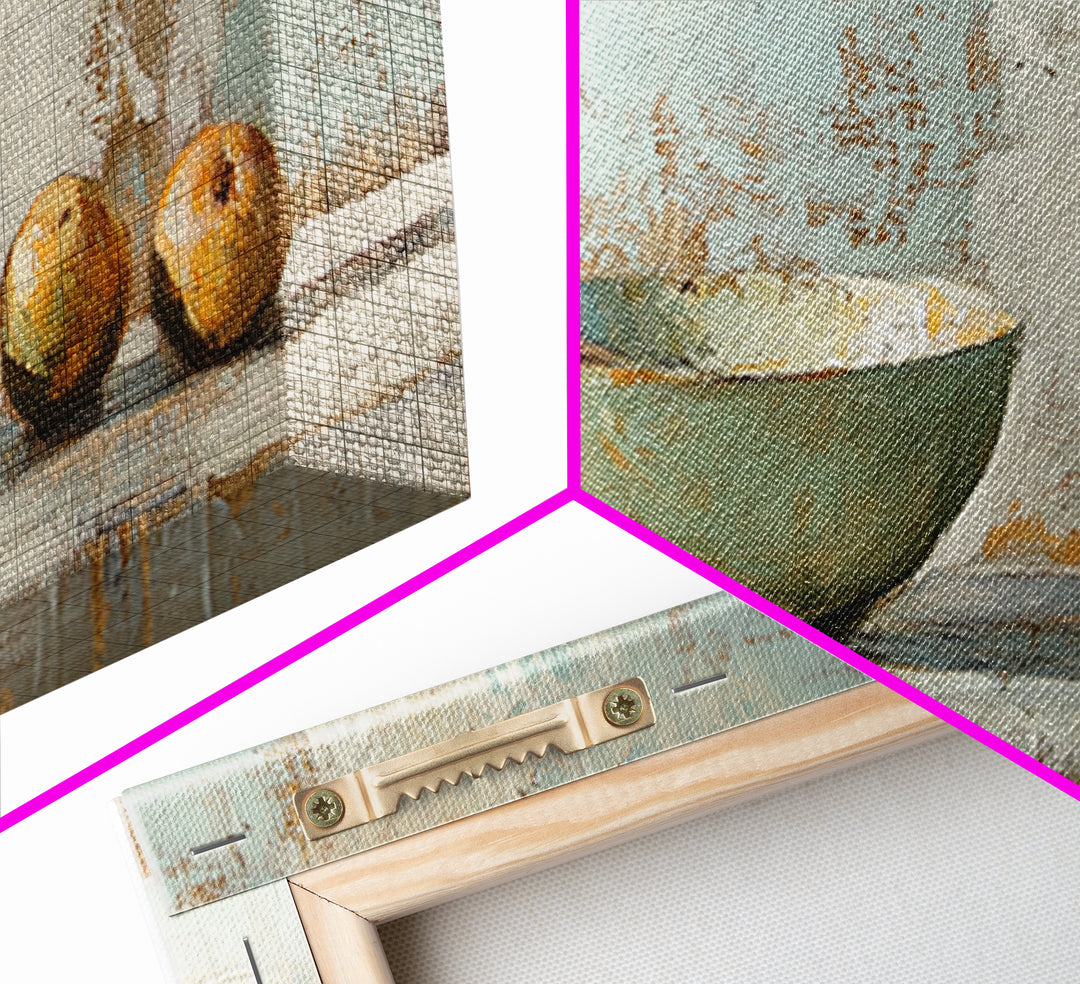 Rustic Bowl And Pears Canvas Print, Kitchen Wall Art, Farmhouse Still Life Painting, Country Dining Room Wall Decor Print
