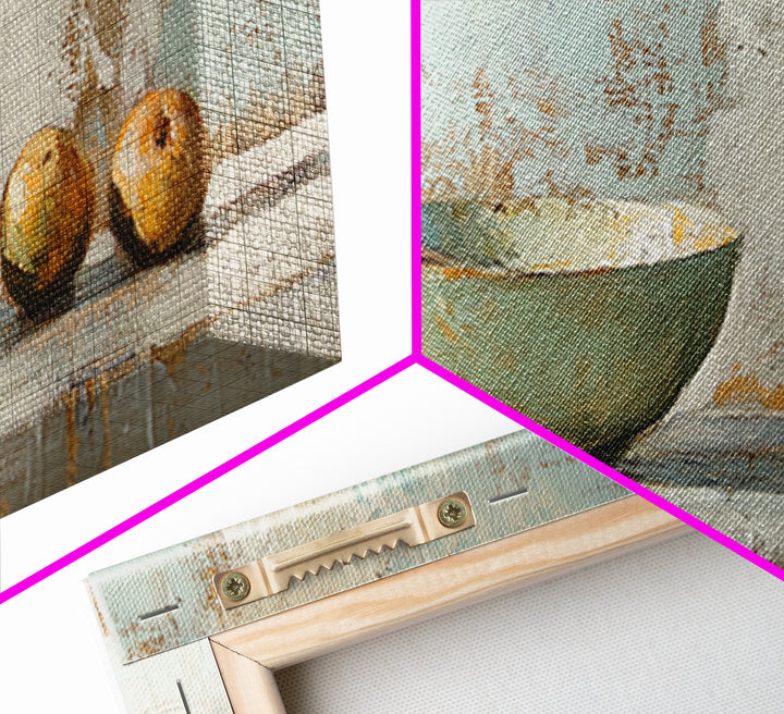 Rustic Bowl And Pears Canvas Print, Kitchen Wall Art, Farmhouse Still Life Painting, Country Dining Room Wall Decor Print