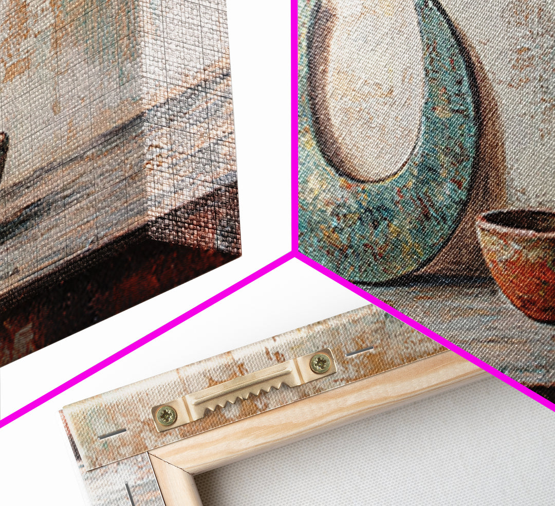 Turquoise Crescent Moon And Rustic Bowl Wall Art, Wabi Sabi Decor, Southwestern Still Life, Neutral Framed Canvas Print, Home Decor