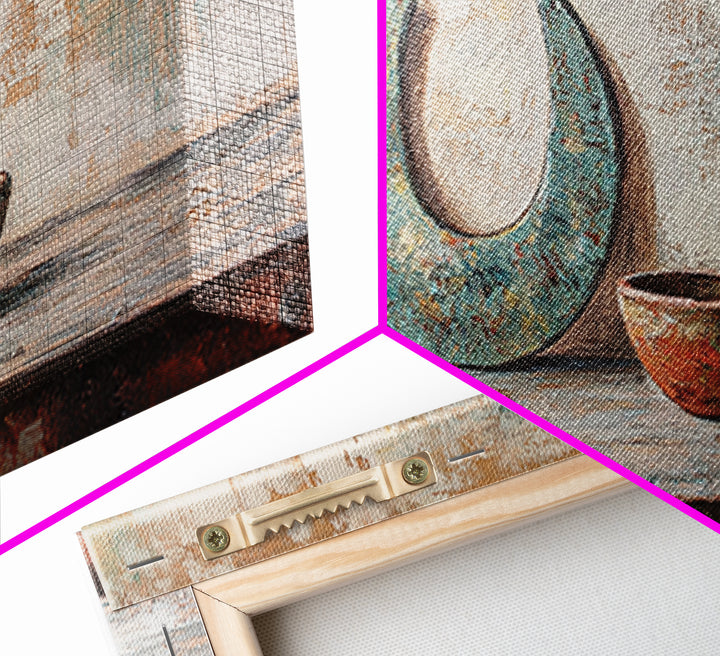 Turquoise Crescent Moon And Rustic Bowl Wall Art, Wabi Sabi Decor, Southwestern Still Life, Neutral Framed Canvas Print, Home Decor