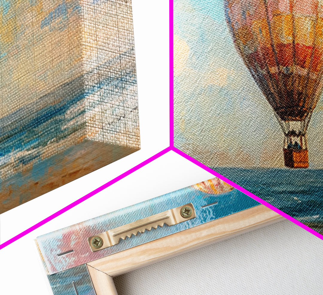 Hot Air Balloon Drifting Over Ocean Canvas Print, Coastal Wall Art, Travel Poster Style, Colorful Beach House Living Room Decor