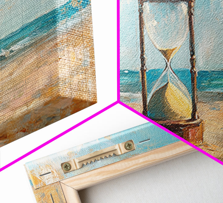 Hourglass In Sand By Turquoise Sea Canvas Print, Coastal Wall Art, Beach House Decor, Ocean Landscape, Summer Home Decor